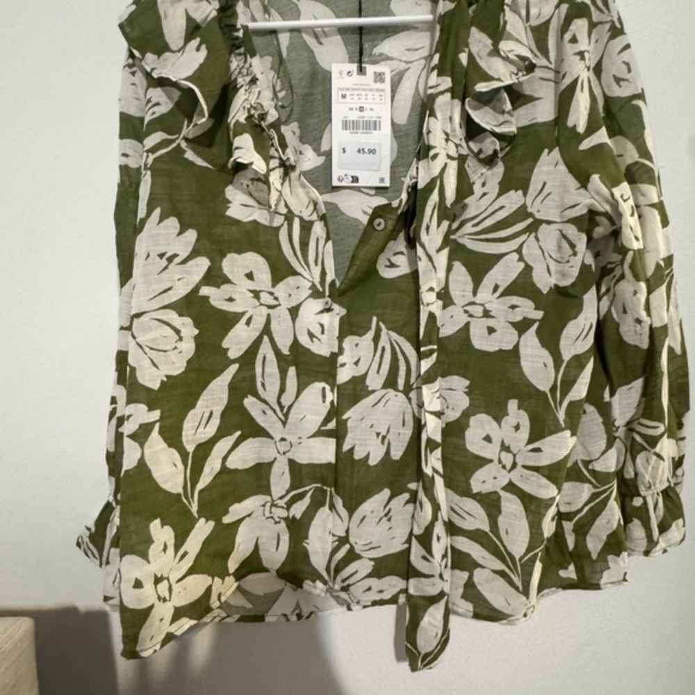 Zara Linen Blend Green Floral Blouse | Chic Summer Top | Luxury Style